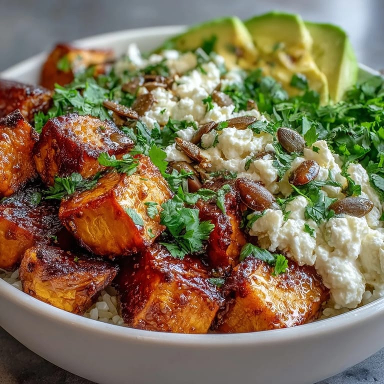 Serving two, this Hot Honey Sweet Potato Bowl features golden sweet potatoes, cottage cheese, avocado, and a drizzle of hot honey.