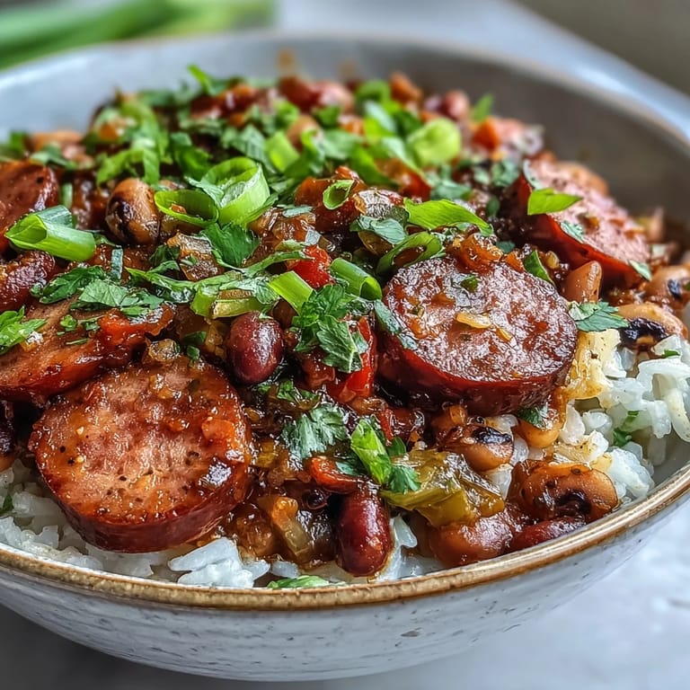 Close-up of spicy Black-Eyed Pea Jambalaya revealing black-eyed peas and andouille sausage in a rich tomato-based broth.