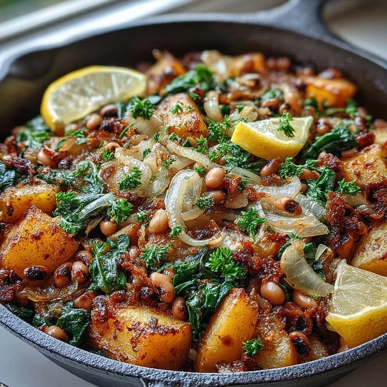 Southern-inspired Black-Eyed Pea Skillet Dinner plated with golden onions and wilted greens in cast iron.