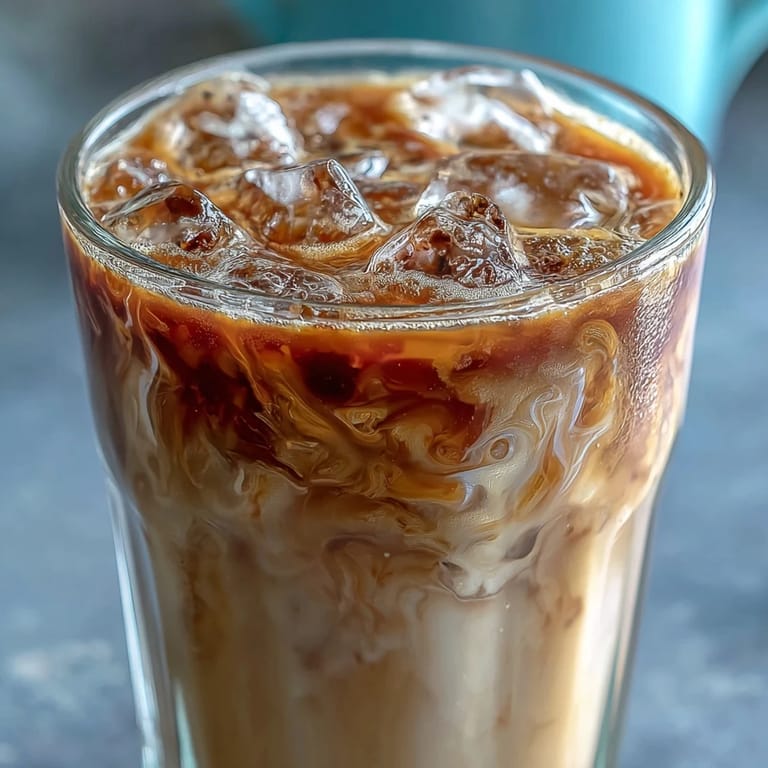 Freshly brewed Iced Hojicha Latte in a rustic glass, garnished with a light dusting of hojicha powder.