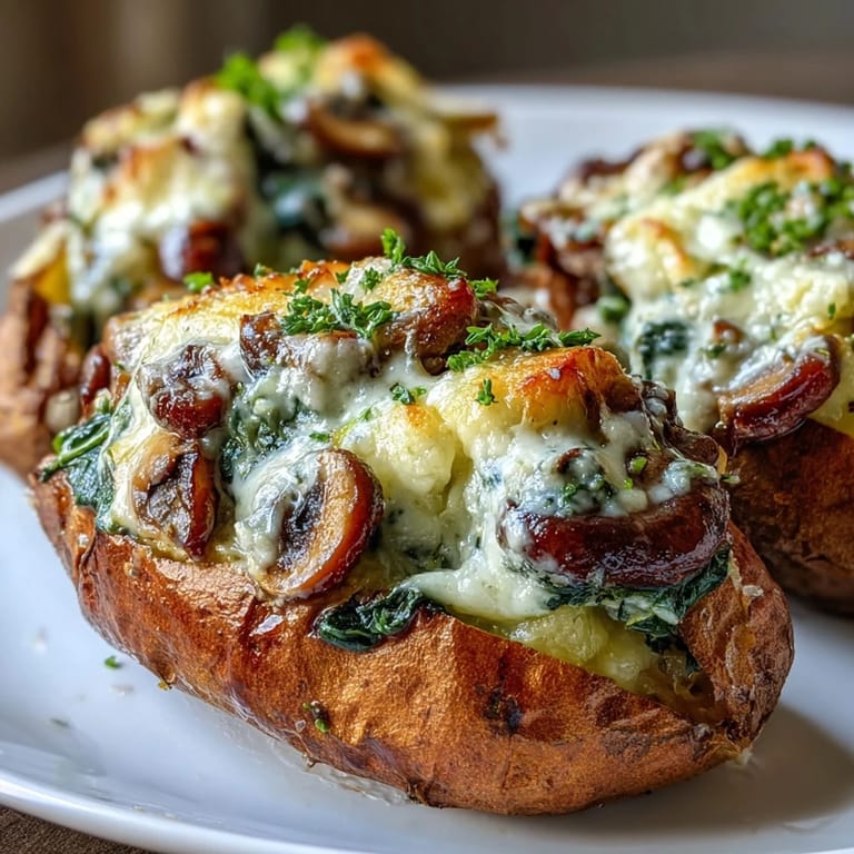 Vibrant orange sweet potato boats filled with creamy mushroom spinach mixture, topped with melted mozzarella for a family dinner.