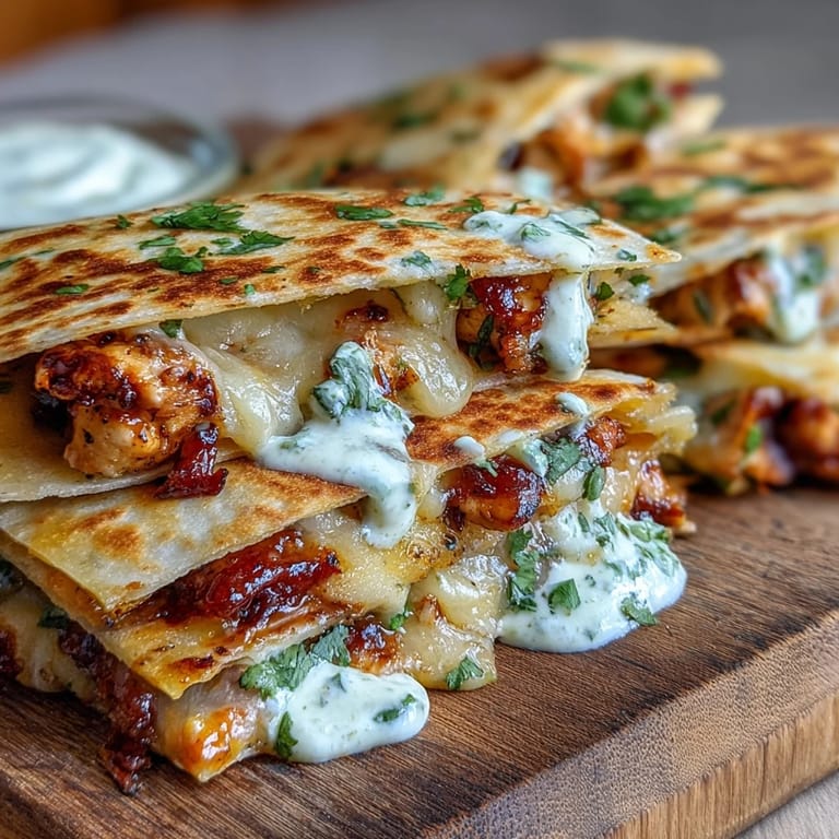 Spicy and sweet Cheesy Hot Honey Chicken Quesadillas are garnished with cilantro and sliced on a rustic wooden board.