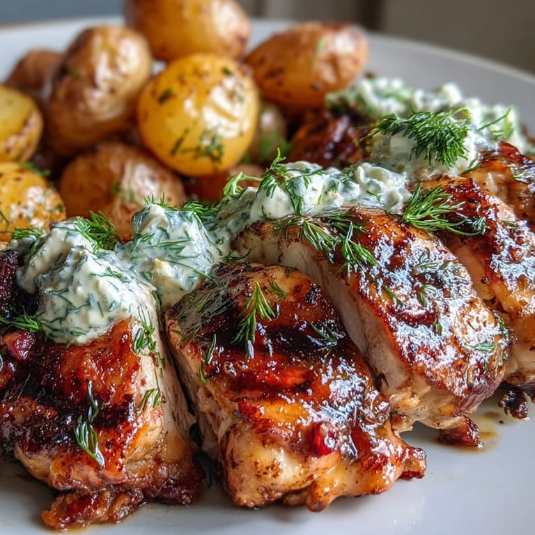 Golden-brown spicy yogurt marinated chicken breasts sliced on a plate, smothered in tangy dill feta cream and paired with crunchy roasted baby potatoes.