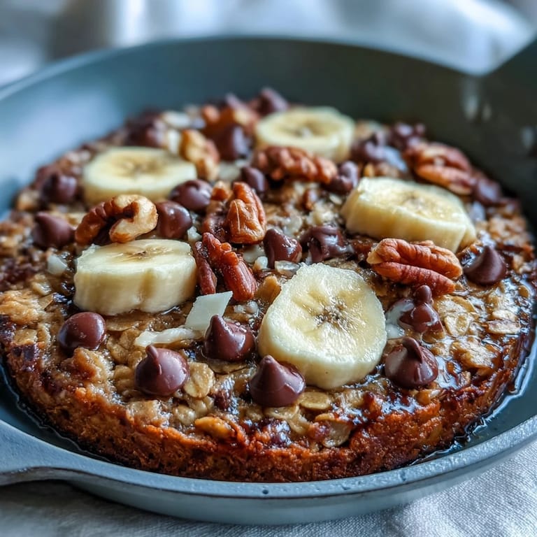A freshly baked Chunky Monkey Oatmeal Cookie Skillet topped with vanilla ice cream melting over golden, banana-infused edges.