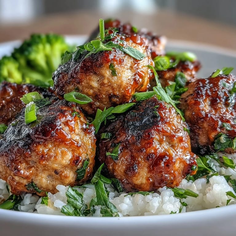 Golden Honey Garlic Turkey Meatball Bowls with tender rice and crisp broccoli, garnished with sesame seeds and sliced scallions.