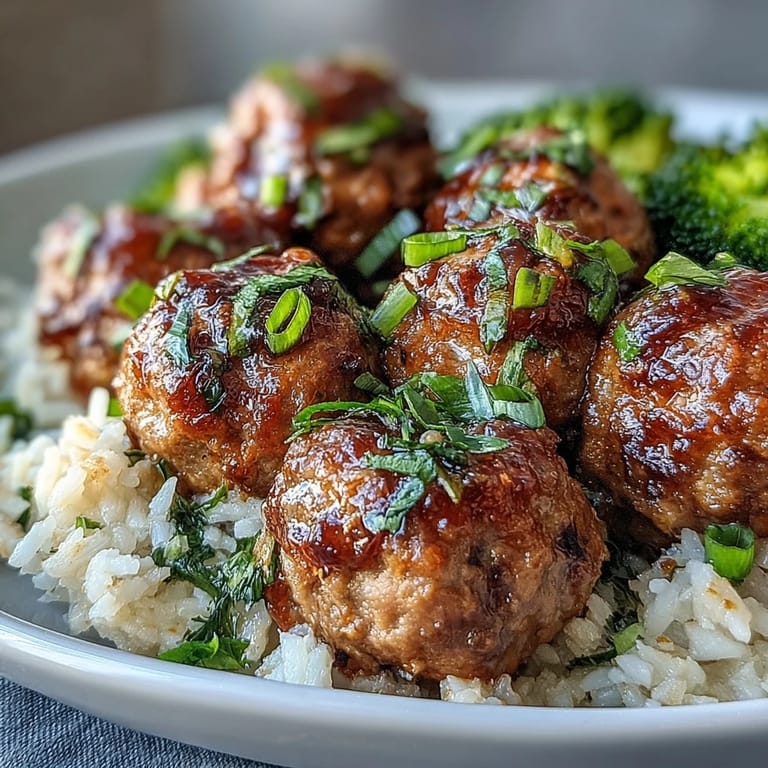 A close-up of Honey Garlic Turkey Meatball Bowls with glossy meatballs, steamed broccoli, and jasmine rice for a balanced meal.