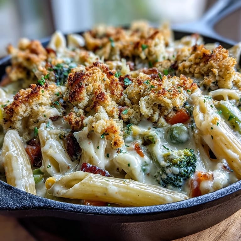 Hearty Creamy Veggie Pot Pie Pasta with peas, carrots, and corn in a rich sauce, topped with crisp breadcrumbs.