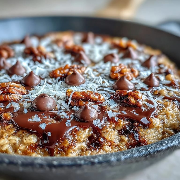 Skillet with a golden-baked Chunky Monkey Oatmeal Cookie, studded with melted chocolate and chopped walnuts.