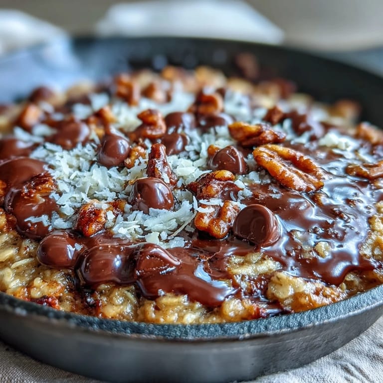 A serving spoon digs into the gooey center of a Chunky Monkey Oatmeal Cookie Skillet, revealing rich texture.