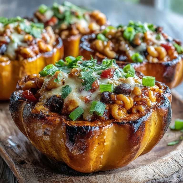 A close-up of Hot Honey Chili Mac Stuffed Squash garnished with cilantro and green onions, steaming on a rustic plate.