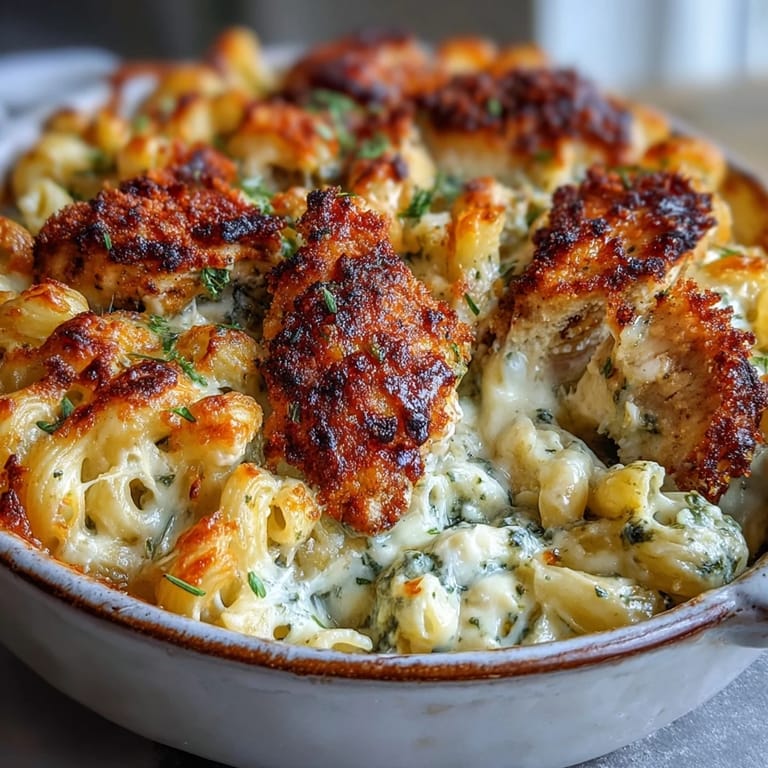 Close-up of a wooden spoon lifting a cheesy portion of Baked Pesto Chicken Mac & Cheese with pesto swirls visible.