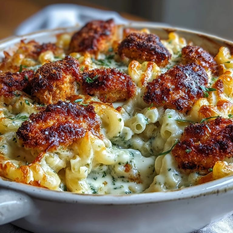 Serving of Baked Pesto Chicken Mac & Cheese on a white plate showing creamy cheese sauce, tender chicken, and al dente pasta.