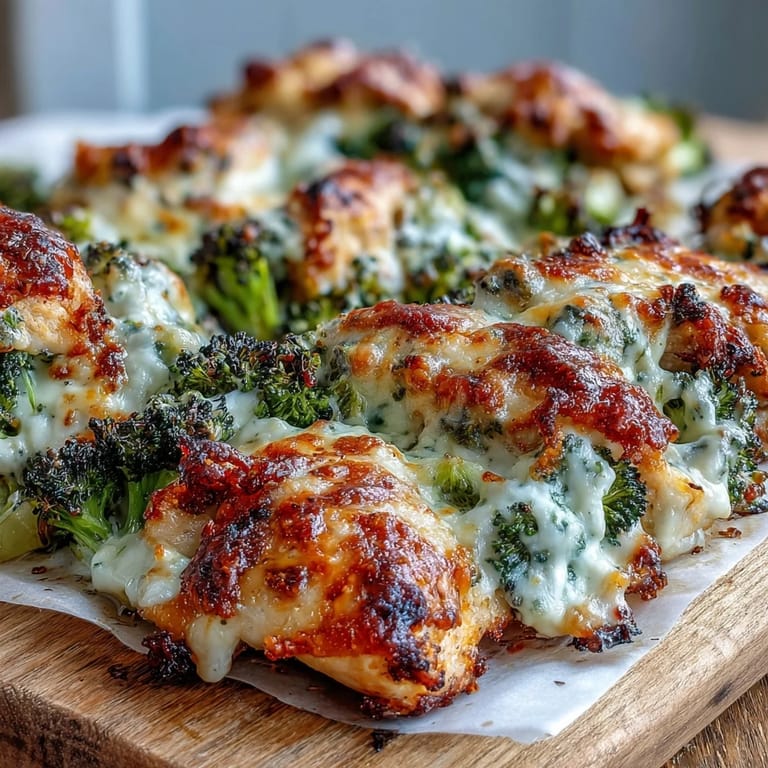 Fresh broccoli florets and juicy chicken breasts topped with melted cheddar on a rustic sheet pan.
