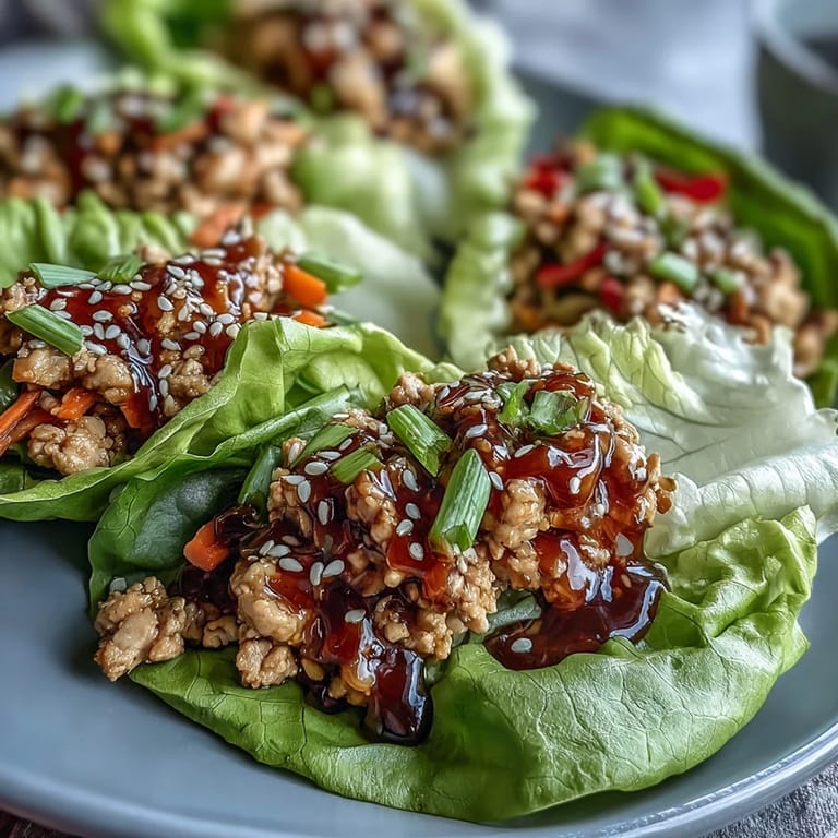 Crisp Bibb lettuce cups filled with Skinny Asian Chicken Lettuce Wraps with Hoisin Sauce, topped with toasted sesame seeds and green onions.