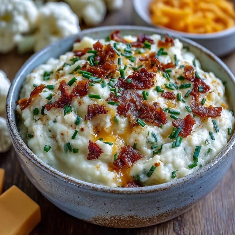 Golden roasted cauliflower florets blended into a smooth Keto Bacon and Cheddar Cauliflower Mash for a low carb side.