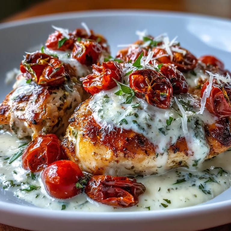 Sizzling skillet of creamy pesto chicken with roasted tomatoes, served hot for a low-carb weeknight meal.