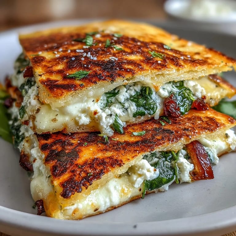 Warm Mediterranean quesadillas filled with creamy cheeses, fresh spinach, and tangy red onion, perfect for a quick vegetarian meal.  