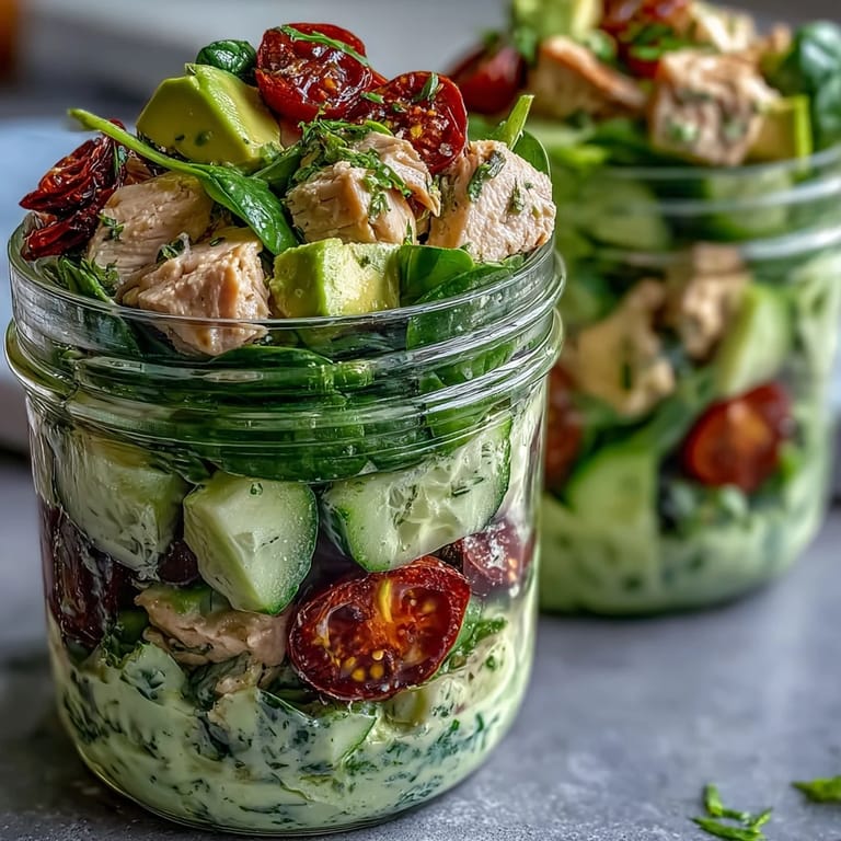 Protein-packed mason jar salad with tender chicken, ripe avocado, and crisp vegetables in a zesty lime dressing for keto meal prep.  