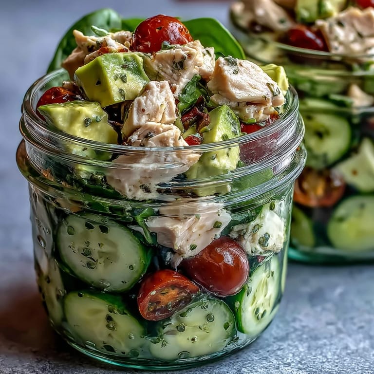 Mason jar chicken avocado salad featuring juicy tomatoes, cucumber, and baby spinach—a perfect mayo-free keto lunch option.
