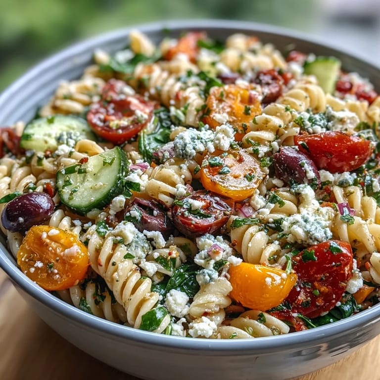 Healthy Summer Slim Greek Pasta Salad featuring al dente pasta, fresh summer vegetables, olives, and a zesty lemon-oregano dressing.