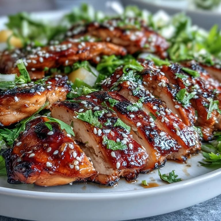 Juicy grilled chicken marinated in green tea and mango, paired with colorful vegetables and a light sesame dressing.