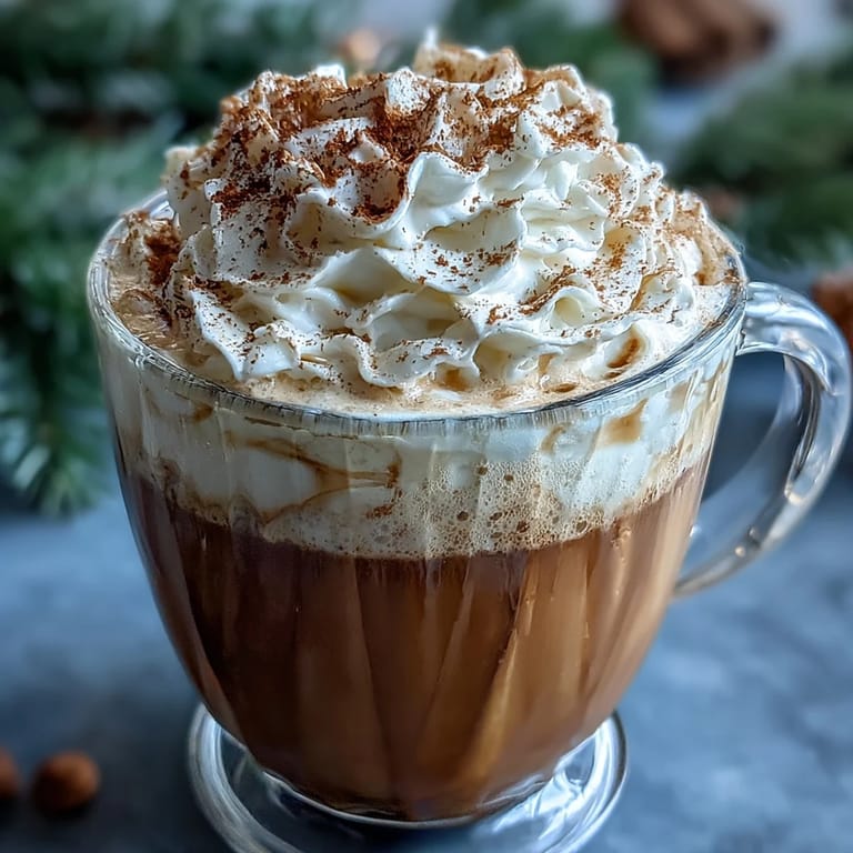 Creamy Christmas Chai Latte with frothy spiced whipped cream, garnished with cinnamon and nutmeg for a seasonal treat.