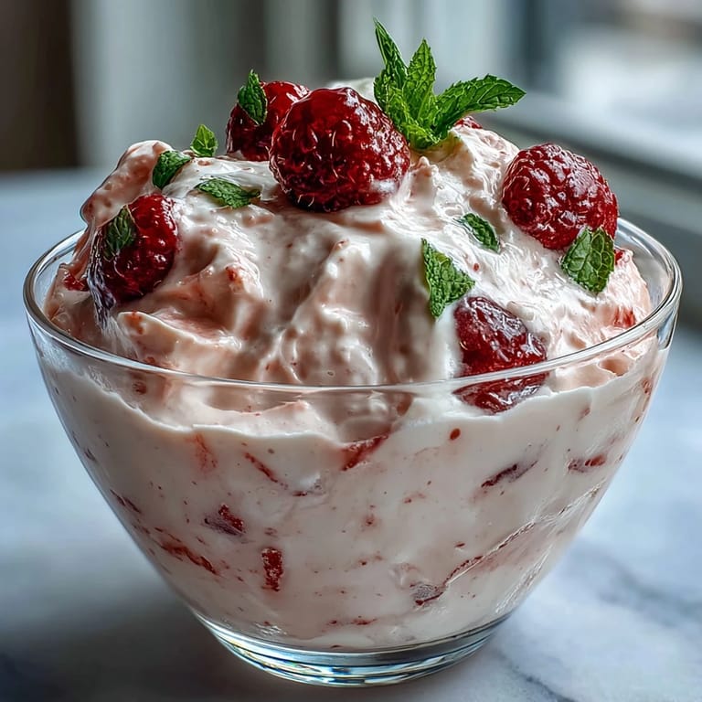 Velvety cottage cheese raspberry mousse garnished with whole raspberries and mint, served chilled for a refreshing, protein-packed dessert.