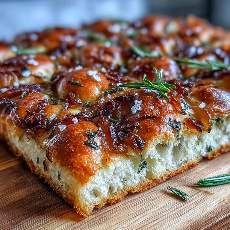 Chewy sourdough onion focaccia bread, golden and crisp, with sweet onions and a sprinkle of sea salt.