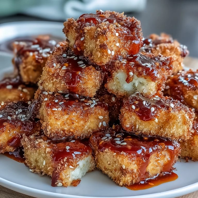 Golden tofu nuggets air fried to perfection and tossed in a sweet chili glaze, garnished with sesame seeds.