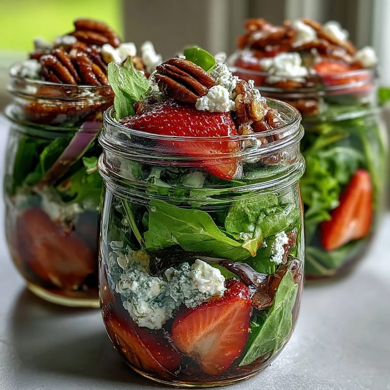 Layered salad with strawberries, goat cheese, and nuts in a jar, perfect for picnics and outdoor gatherings with a homemade balsamic dressing.