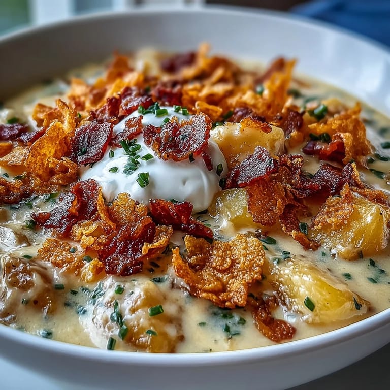 Creamy funeral potatoes soup loaded with bacon, cheddar cheese, and kettle-cooked potato chip crumbles.