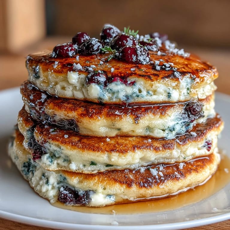 Sourdough discard transformed into tender pancakes, studded with blueberries and zesty lemon, served with a drizzle of maple syrup.
