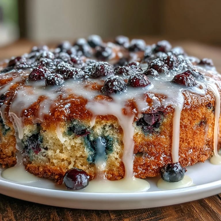 A rustic sourdough skillet cake bursting with fresh blueberries and zesty lemon, finished with a sweet, glossy icing drizzle.