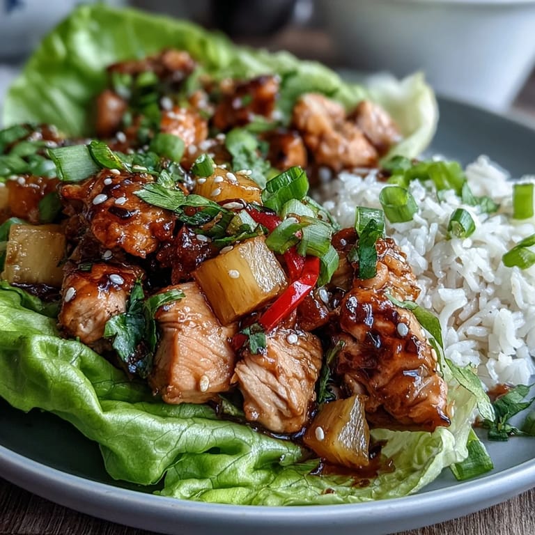 Tropical chicken and rice filling nestled in lettuce wraps, topped with sesame seeds and lime.