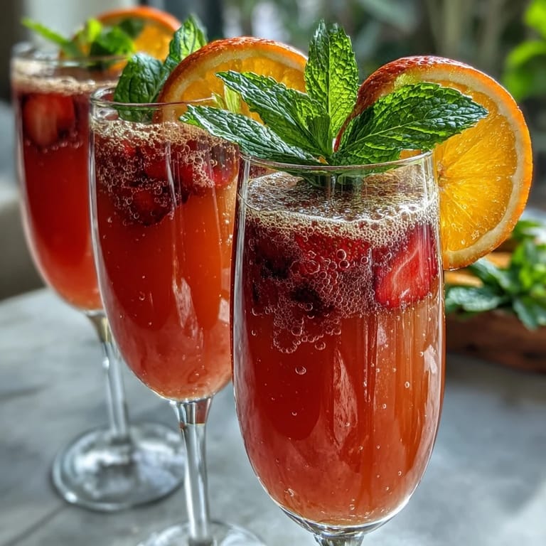 Refreshing Mothers Day brunch drink featuring bubbly orange juice and strawberry purée, served with orange and strawberry garnish.