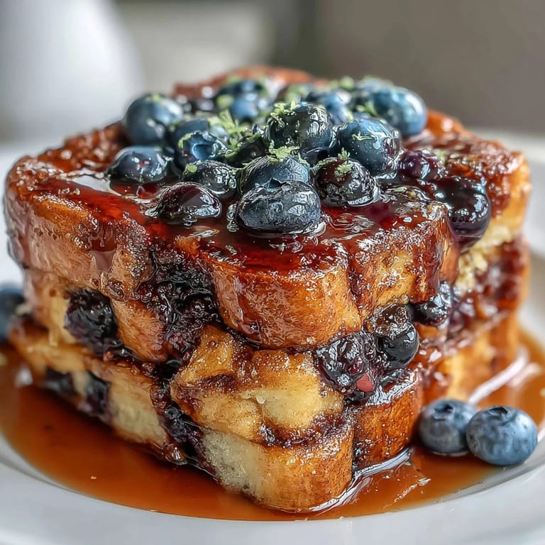 Zesty lemon custard-soaked sourdough topped with blueberries and cinnamon sugar topping.