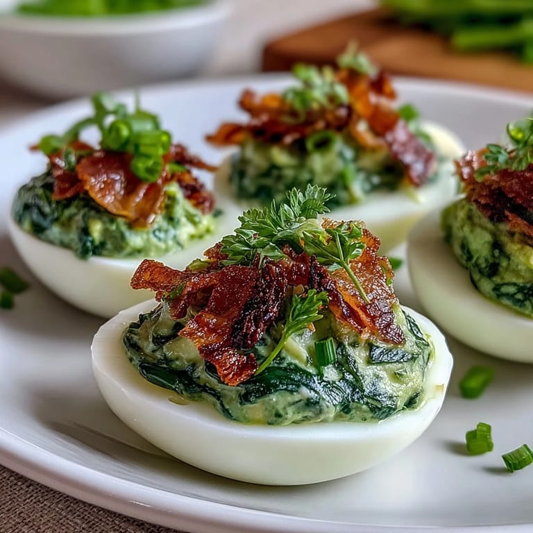Whimsical green deviled eggs with creamy spinach filling and crunchy ham garnish, perfect for parties.