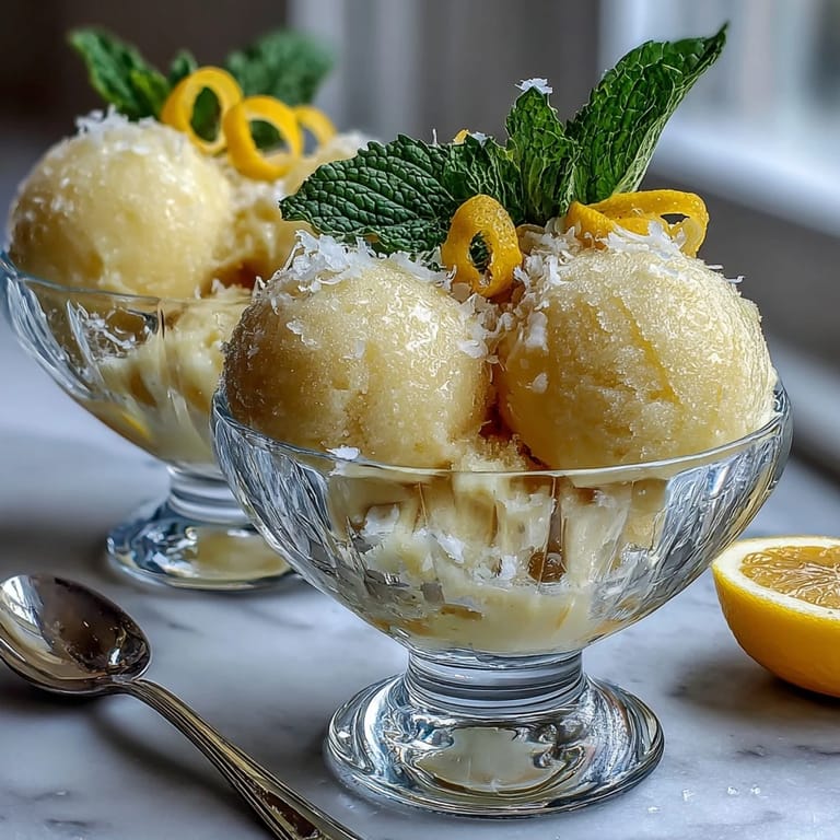 Smooth limoncello sorbet served in chilled glasses, offering a refreshing burst of lemon flavor.  