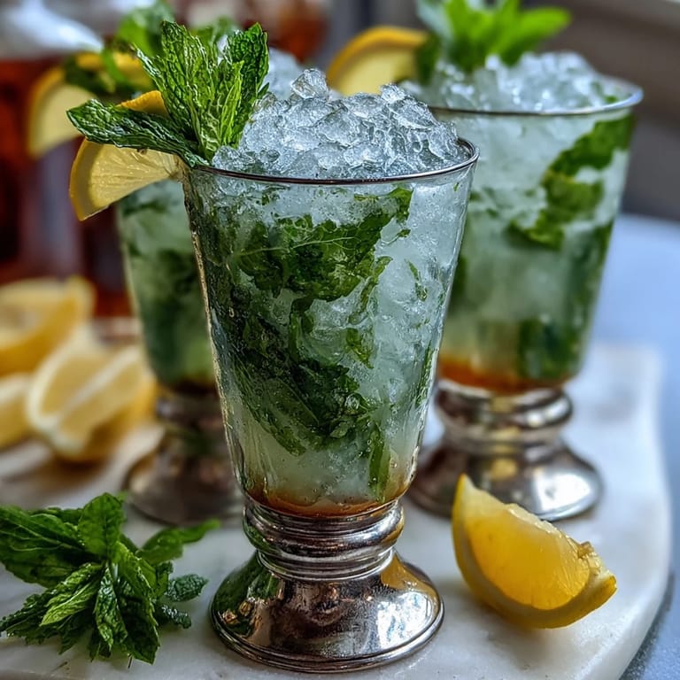 A refreshing non-alcoholic mint julep drink with crushed ice, sparkling water, and bright citrus notes, served in traditional cups.