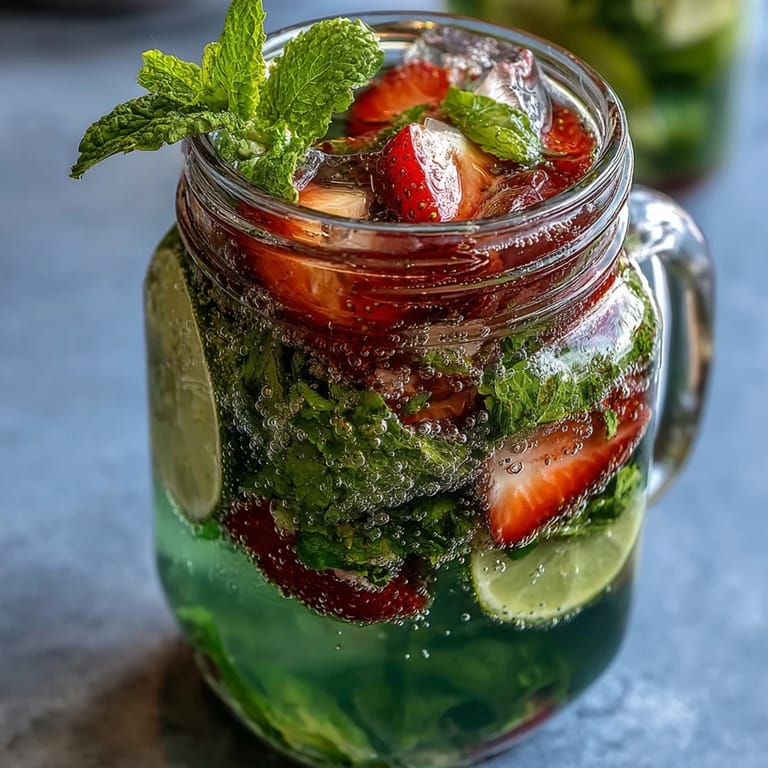 Easy virgin mojito pitcher with muddled mint, lime, and strawberries, offering a crisp, fruity refreshment for any gathering.
