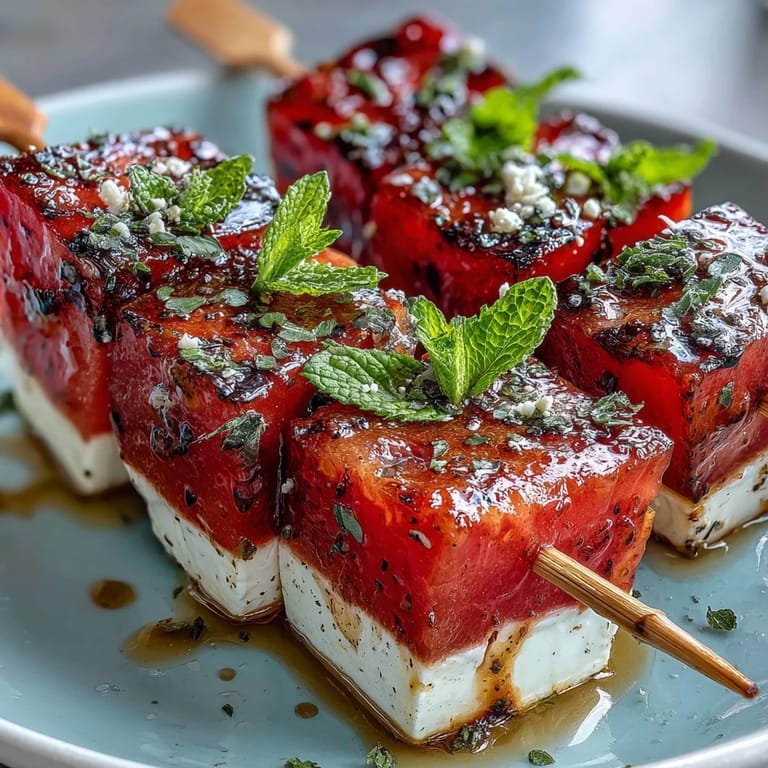 Colorful watermelon and feta cubes with mint on skewers, finished with balsamic glaze for a zesty touch.