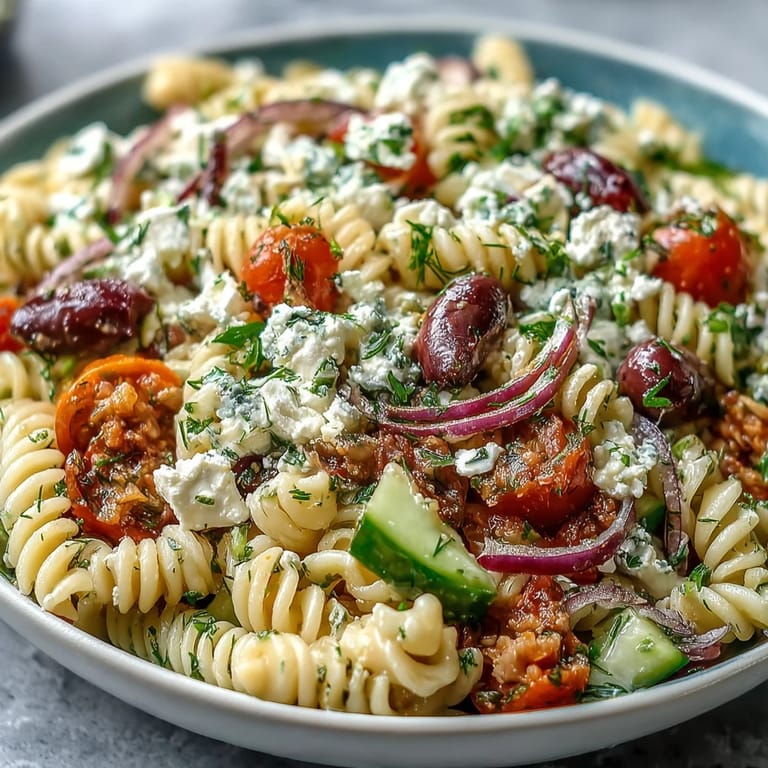 Colorful Greek pasta salad with juicy tomatoes, crisp cucumbers, briny olives, and creamy feta, tossed in zesty olive oil dressing.  