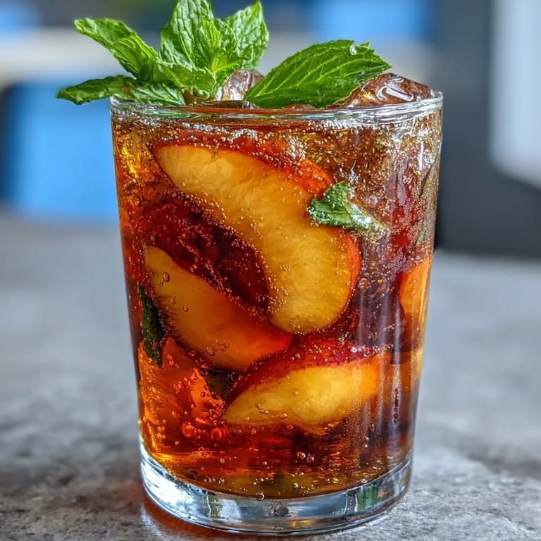 Refreshing mango peach sparkling tea served over ice, with juicy fruit garnish and a hint of lime, ideal for hot days.