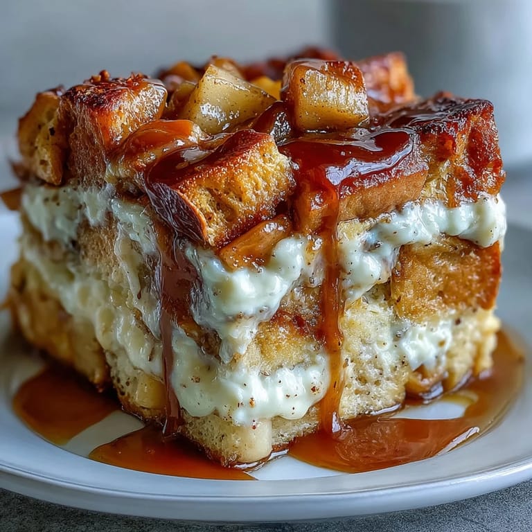 A warm slice of Caramel Apple Cheesecake Bread Pudding beside vanilla ice cream and tender apple chunks.