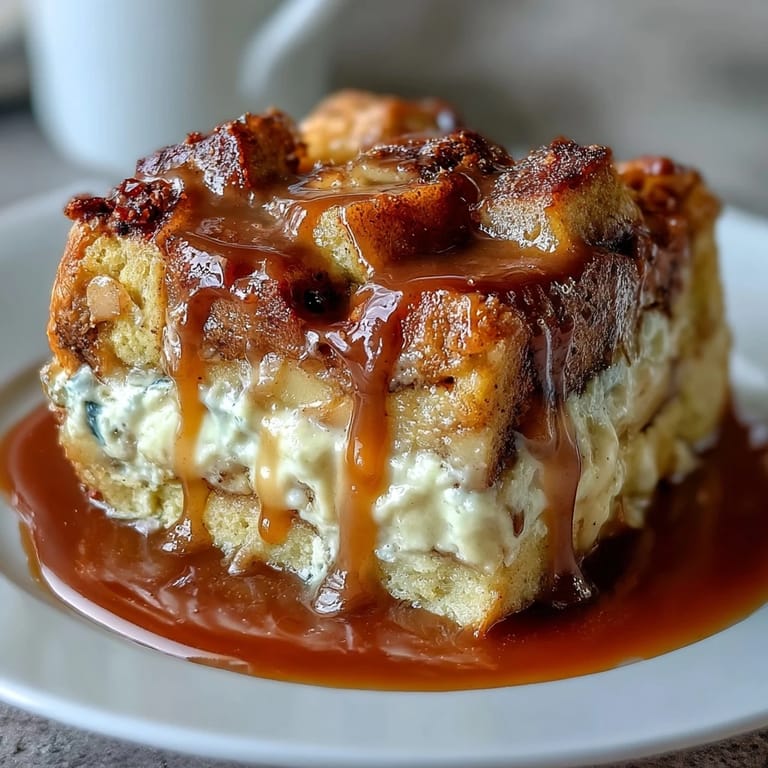 Golden brown Caramel Apple Cheesecake Bread Pudding in a baking dish, garnished with cinnamon and caramel sauce.