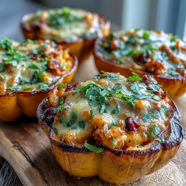 A close-up of Hot Honey Chili Mac Stuffed Squash reveals melted cheddar and a drizzle of sweet heat.