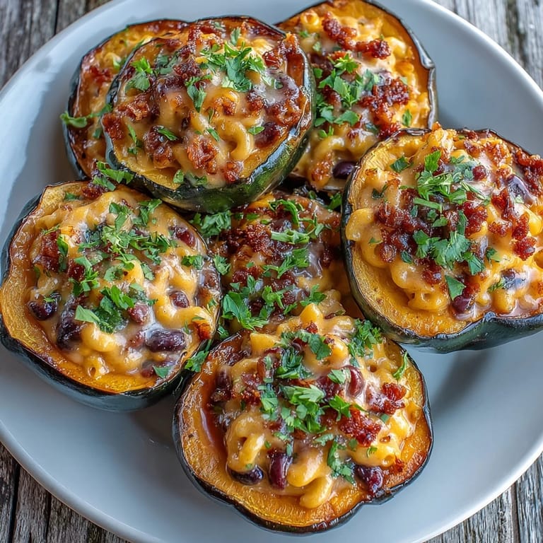 Comfort food masterpiece: savory chili macaroni piled high inside tender roasted acorn squash, ready for dinner.