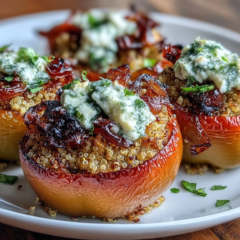 Healthy vegetarian quinoa stuffed bell peppers with zucchini, tomatoes, and herbs, perfect for a gluten-free Mediterranean-inspired dinner.
