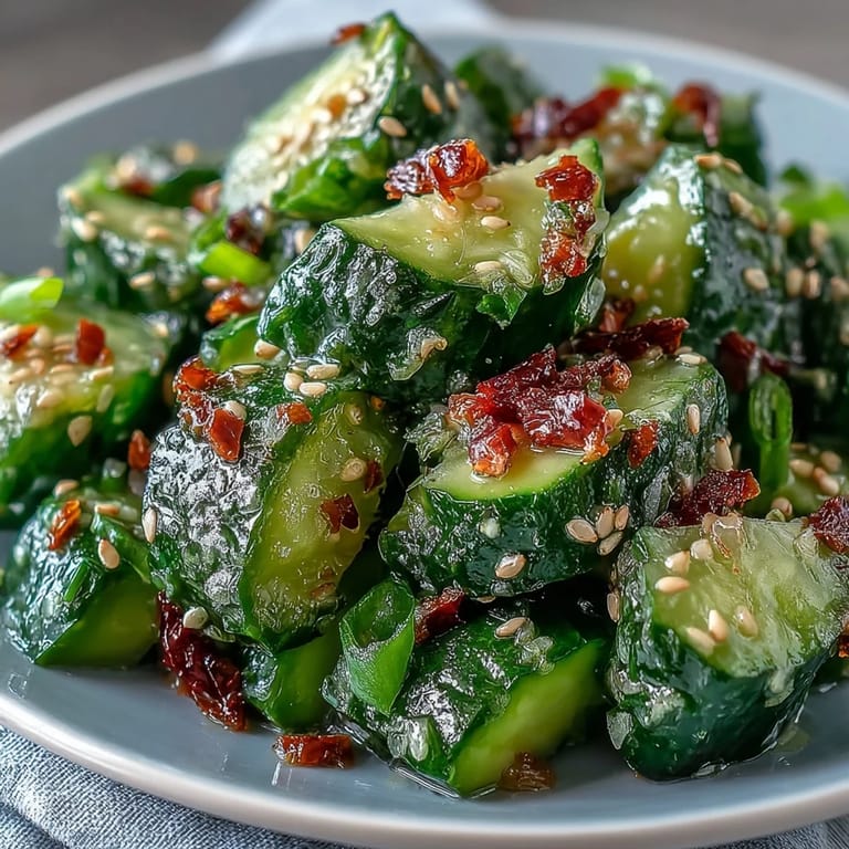 Vibrant smashed cucumber salad tossed in rice vinegar, sesame oil, and chili for a crisp, zesty bite.  