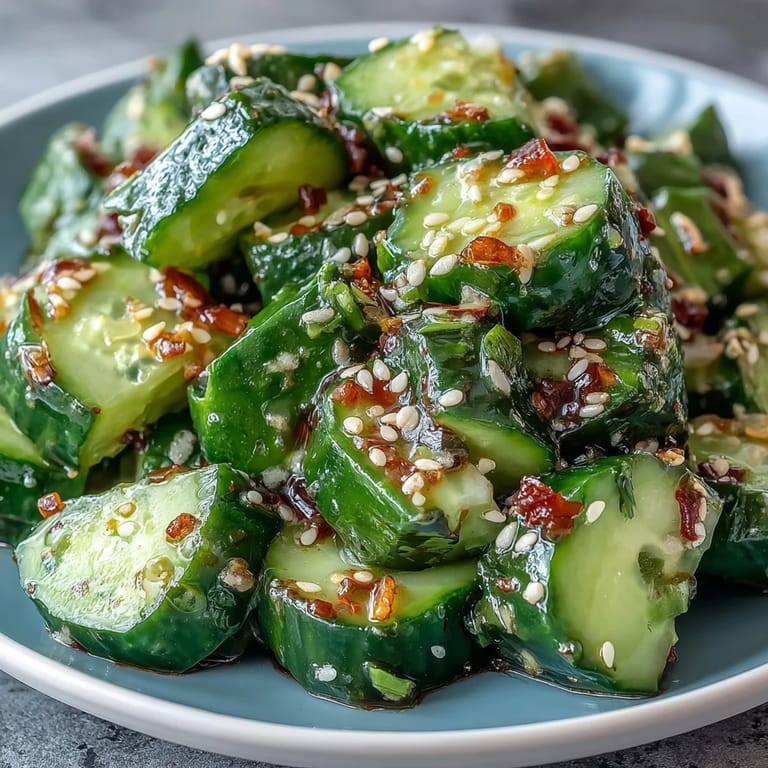 Easy smashed cucumber salad featuring crunchy cucumbers, garlic, and toasted sesame seeds for a cool, spicy side.